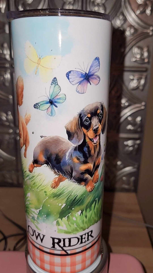 Low Rider Dachshund running with butterflies 20 OZ Tumbler