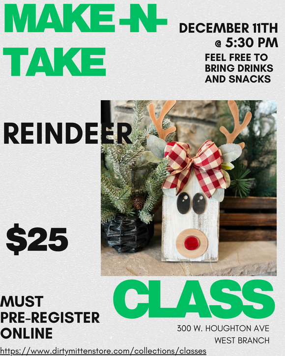 Reindeer Block Workshop Thursday December 11th @ 5:30 PM