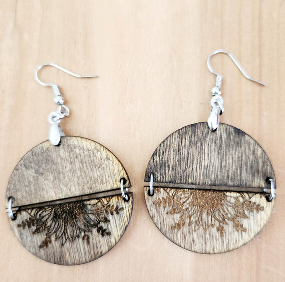 Hanging Circle Half Sunflower Dangle Earrings Laser Cut Wood Handmade Earrings