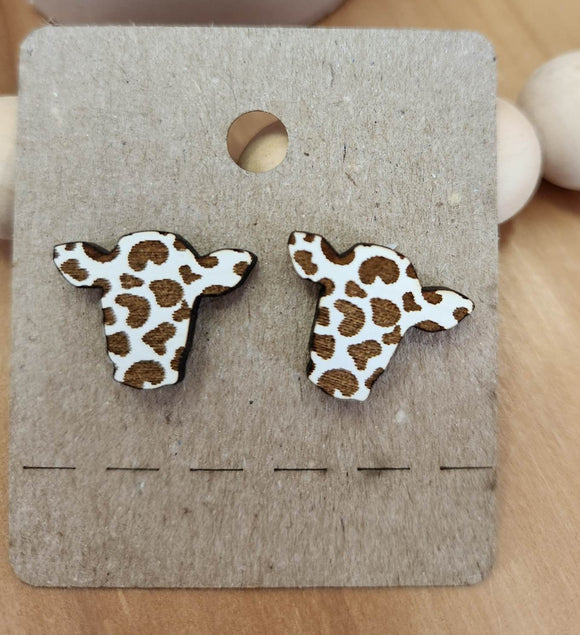Cow with Print Laser Cut Wood Handmade Earring Studs